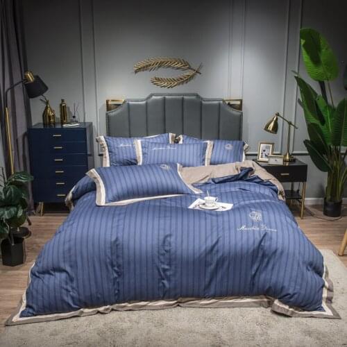 Blue Yellow 1000TC Cotton Stripe Bedding Sets Queen King Size Embroidery Duvet Cover Flat/Fitted Sheet With Rubber Pillowcase