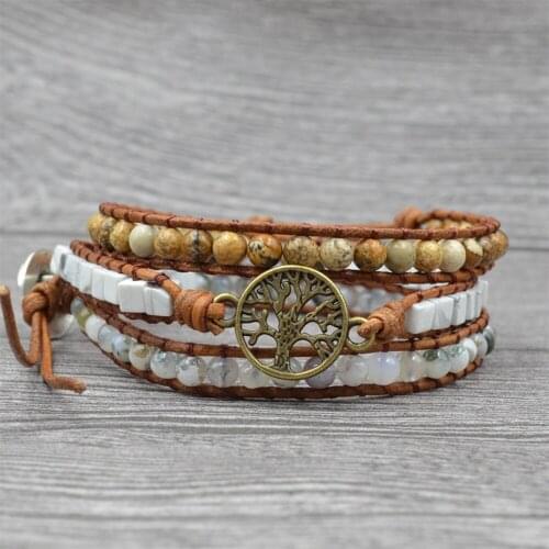 Tree of Life Charm Wrap Bracelet 3Layers Ethnic Howlite Picture Stone Beaded Boho Bracelets Femme Jewelry for Women Dropshipping