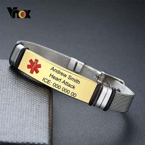 Vnox Adjustable Unisex Medical Free Personalize ID Bracelets for Women Men Stainless Steel Mesh Band Customize Type 2 Diabetes