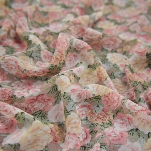 Chiffon Fabric Spring And Summer Elegant Pink Rose Flower Printed Dress Shirt Womens Handmade DIY Fabric
