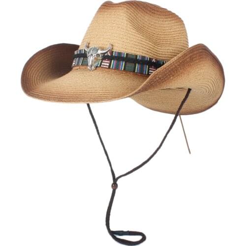 2019 Women Men Straw Hollow Western Cowboy Hat Lady Summer Sombrero Hombre Beach Cowgirl Jazz Sun Hat Wind Rope Size 57-59CM