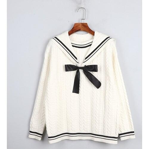 Sweater womens autumn and winter new style navy collar stitching bow knot twist stripe knitted pullover long-sleeved top