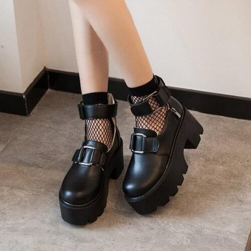 Lolita Gothic Round Head Mary Jane Shoes Japanese College Girl JK Uniform PU Leatehr Platform Strap Waterproof Black Shoes