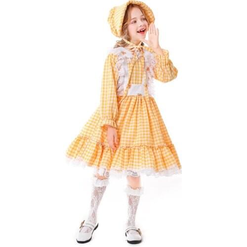 Yellow Grid Girls Halloween Maid Costumes Kids Children Spring Outing Cosplay Carnival Purim Parade Stage Role Play Party Dress