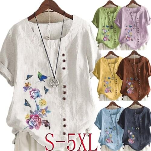 Womens Fashion Linen Shirt Flower Printed T-shirt Summer Short Sleeve Tops O-neck Loose Blouse S-5XL