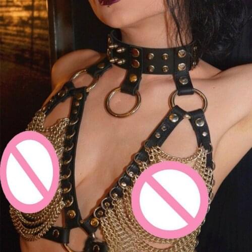 Women Sexy PU Choker Bra Metal Chain Links Tank Top Erotic Hollow Out Club Lingerie Cosplay Punk Gothic Harness Halter Body Belt