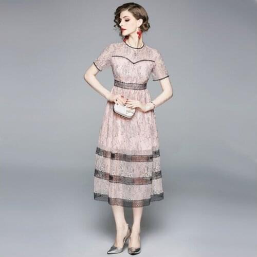 2021 New Fashion Runway Summer Dress Women Short Sleeve Lace Patchwork Vintage Female Vacation Midi Dresses Vestidos