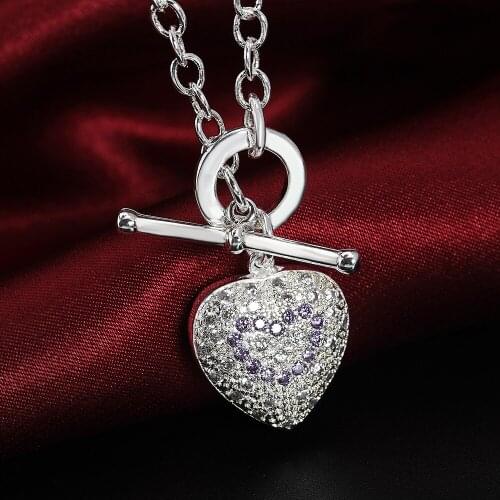 Hot Fashion 925 Sterling Silver Charm purple Crystal romantic Heart Pendant Necklace For Women Holiday gift Wedding Jewelry