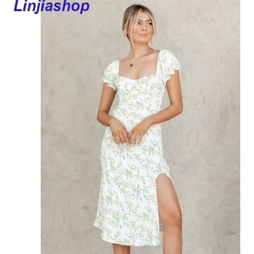 Split Waist Dress French Urban Casual Womens Dresses Printed Short sleeve Square Collar Halter Summer Midi Dress