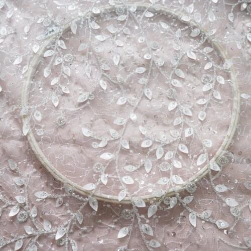1 yard ivory off white 3D beaded lace fabric, silver beads leaf motif applique tulle embroidered bridal wedding fabric