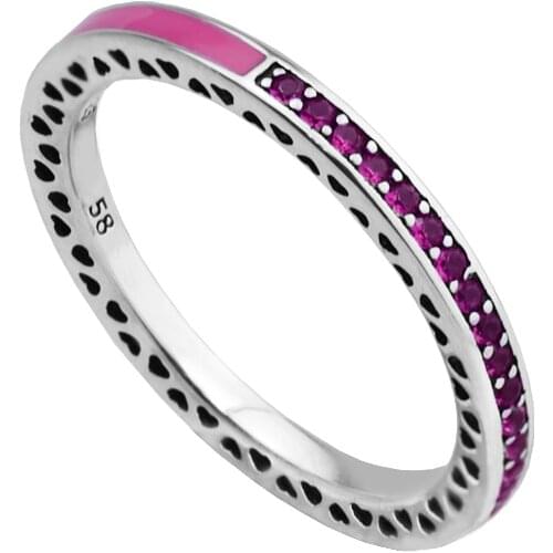 100% Authentic 925 Sterling Silver Cerise Radiant Heart Finger Rings for Women Crystal Wedding Engagement Jewelry Wholesale