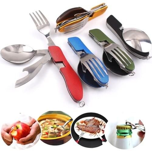 4in1 Outdoor Tableware Fork/Spoon/Knife/Bottle Opener Stainless Steel Multi-Function Camping Folding for Hiking Survival Travel