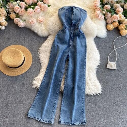 Amolapha Women Sexy Zipper Pockets Strapless Slim Denim Jeans Jumpsuits Outfit