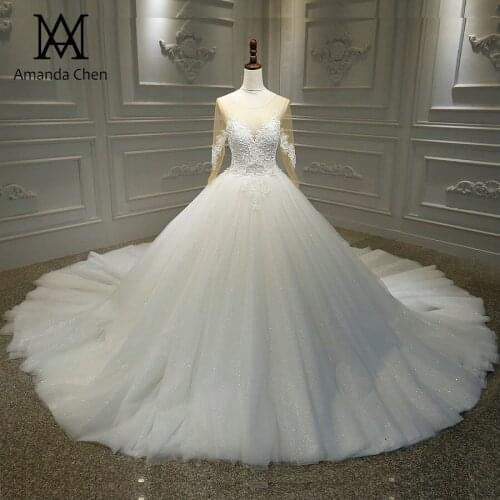 Vestiti da sposa Long Sleeve Lace Applique Shiny Wedding Dress