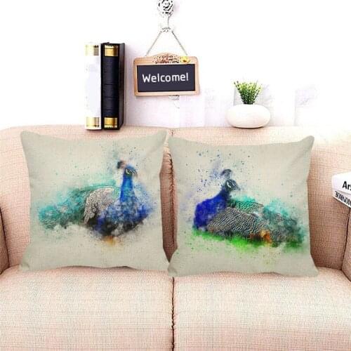 XUNYU Home Decor Pillowcase Watercolor Peacock Cushion Cover Linen Cushion Cover Sofa Throw Pillow Cover 45x45cm D0053