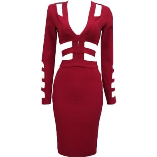 Elegant Women Dress Sexy Bandage Hollow Out Bodycon Autumn Winter Long Sleeve Ladies V Neck Party Dresses