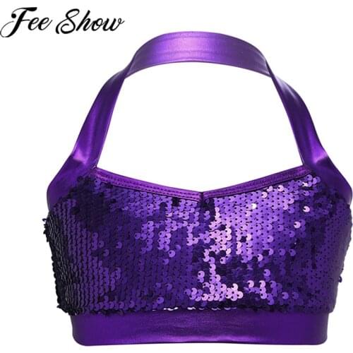 FEESHOW 6-14 Kids Girls Mermaid Glittery Halter Sequins Bra Tops Crop Top for Ballet Dance Stage Performance Mermaid Clothes