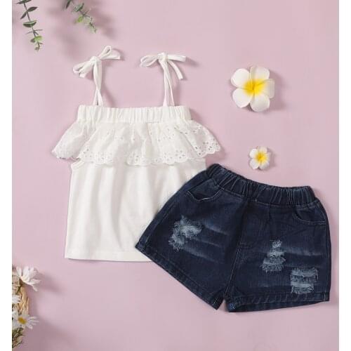 FOCUSNORM 1-6Y 2pcs Summer Kids Girls Clothes Sets Lace Strap Sleeveless Belt Vest Tops Denim Shorts