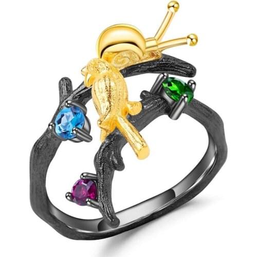 Gothic Female Rainbow Crystal Stone Ring Classic Black Gold Thin Engagement Rings For Women Trendy Snail Bird Wedding Ring