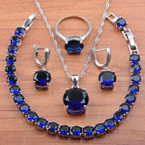 Silver Color Jewelry Sets Blue Cubic Zirconia Women Bridal Costume Earrings Peddant Necklace Ring Bracelet Sets JS0219