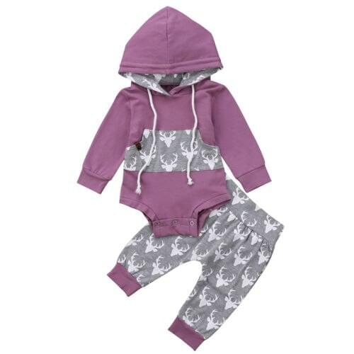 Newborn Baby Boy Girl Clothes Set Autumn Spring Long Sleeve Deer Hooded Bodysuits Pant Boys Girls Clothing Cotton Outfit 2PCs