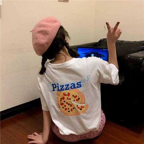 Summer college style letter pizza printing half-sleeved mid-length loose cotton T-shirt all-match casual women