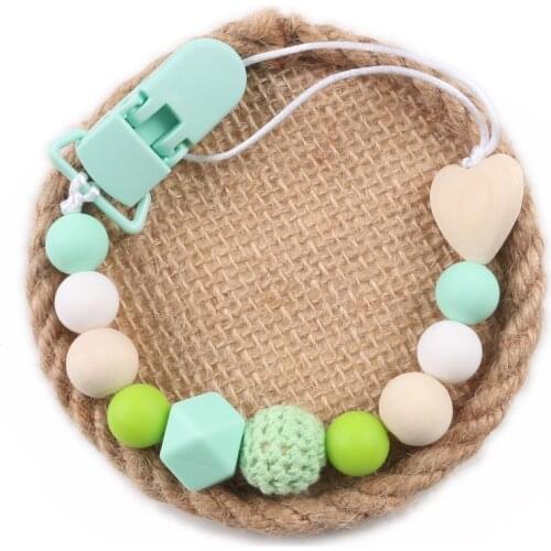 Cute BPA Free Silicone Pendant Pacifier Clips Chain Wood Heart Beads Nipple Holder for Infant Baby Shower Gift