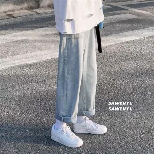 2021 new jeans mens straight loose pants spring and autumn ins tide brand wide-leg casual nine-point pants