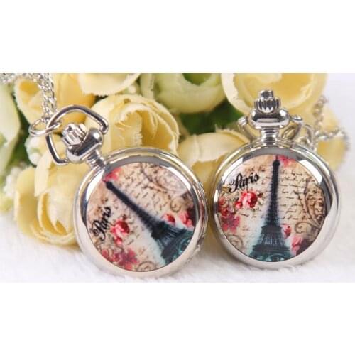 New fashion Eiffel Tower pocket watch necklace pendant women kids dress watches wholesale