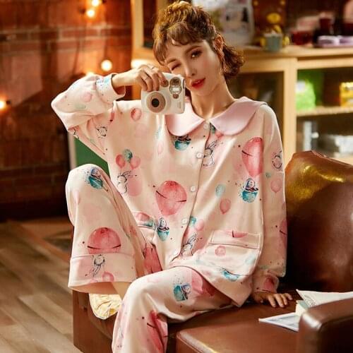 Chicnymph Autumn Pyjamas For Women Cotton Cartoon Turn-down Collar Pajamas Set Long Sleeve Pijama Mujer Sleepwear Homewear