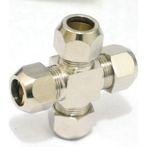 Fit Tube O/D 6mm Cross 4 Ways Brass Sleeve Ferrule Pneumatic Air Compression Connector Adapter