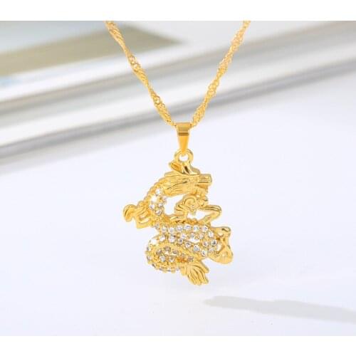 Lucky Fashion Gold Crystal Dragon Pendant Necklace for Women Men Stainless Steel Vintage Necklace Party Jewelry Gifts