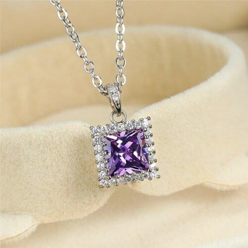 Simple Female Purple Pendant Necklace Classic Square Crystal Chain Necklace Rose Gold Silver Color Wedding Necklaces For Women