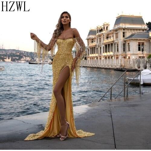 Sexy Sequins Mermaid Formal Evening Dresses Crystal Beaded 2020 Off the Shoulder Side Split Celebrity dresses suknie wieczorow