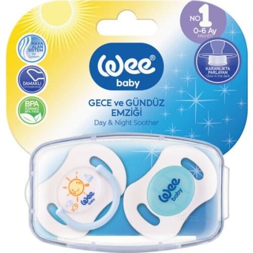 Wee Baby Double Day and Night Pacifier Two Pieces 0 - 6 Months Safe Silicone Orthodontic Glows in the Dark Made in Turkey