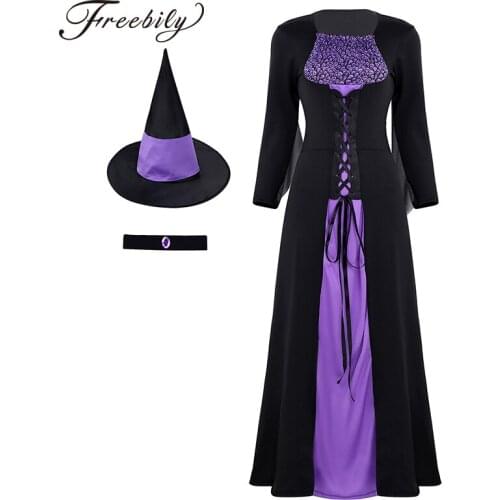 Women Adults Wicked Witch Cosplay Halloween Costumes Ghost Skeleton Lace Up Classic Dress with Pointed Hat Fancy Dress Up