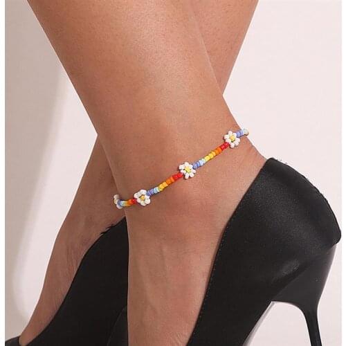 Bohemian Colorful Flower Anklets for Women Sliver Color Beads Summer Ocean Beach Ankle Bracelet Foot Leg Jewelry 2020