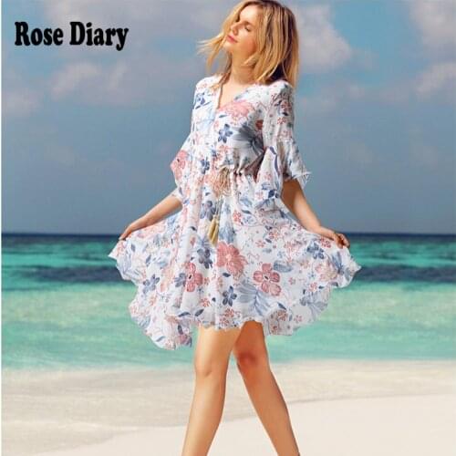 RoseDiary Women Floral Print Beach Mini Dress Flare Sleeve Casual Summer Dress V Neck Elegant Ruffles Dress With Floral Pattern