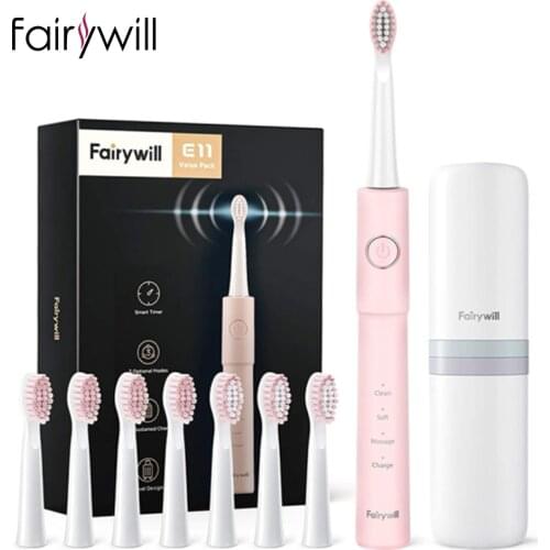 Fairywill Electric Toothbrush E11 with Powerful Sonic Cleaning USB Rechargeable for Adult Waterproof 8 Brushes Replacement