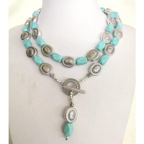 80cm 30inch Woman Fashion jewelry Light blue baroque stone old tibet silver flower beads handmade Necklace gift