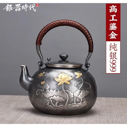Ag999 Sterling Silver Teapot Hand-Carved Kitchen Utensils Handmade Coffee Tea Pot