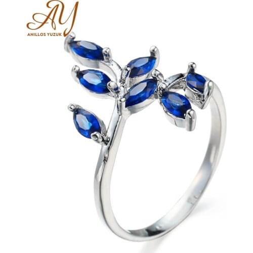 Anillos Yuzuk Fashion 925 Silver Girls Lovers Gifts Leaf Shape Blue Cubiz Zircon Crystal Rings For Women Free Size