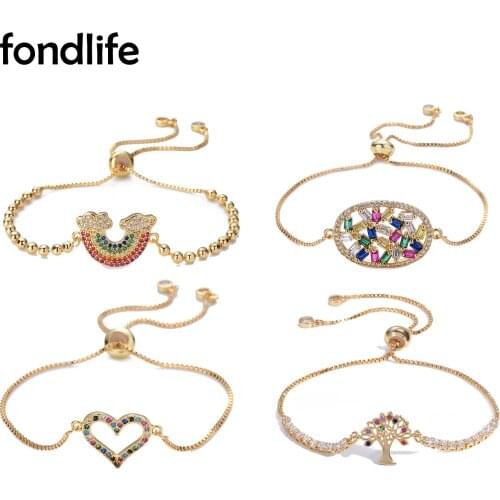 Multicolor Cubic Zirconia Crystal Cowrie Shells Rainbow Mama Tree Of Life Love Heart Infinity Charm Bracelet Moon Eye Jewelry