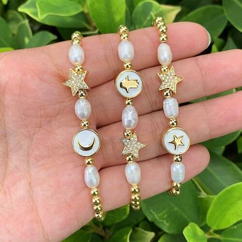 18K Gold Plated Star Shape Zircon Stone Charm Elegant Natural Freshwater Pearl Bracelet