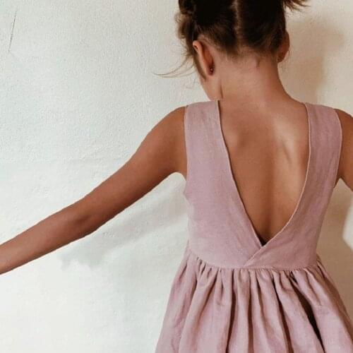 Summer New Children Dress Sleeveless Linen Childrens Dress Solid Color Girls One-Piece Dress Casual Girls' Backless Dress Gift