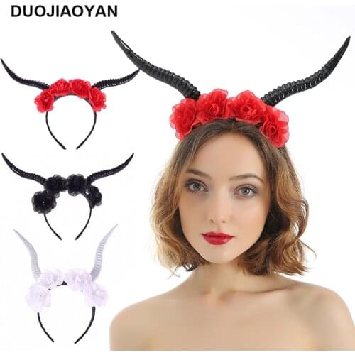 DUOJIAOYAN party cosplay Headpiece Plush Sheep horns Headwear Women rose Flower Hairband Halloween festival Headband with flower