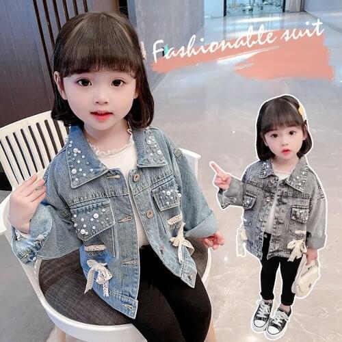 Pearls Beading Denim Jacket For Girls Fashion Spring Autumn Children Clothes Baby Girls Outerwear Lace Bow Jean Jackets Coat