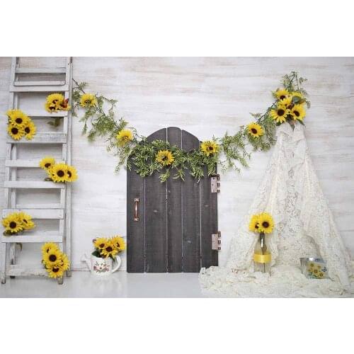Spring Photography Backdrop Baby Portrait Background Sunflowers Wood Door Ladder Decoration Pattern,2 materials