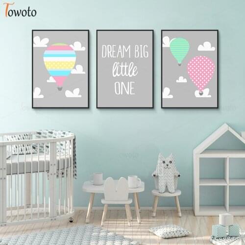Cartoon Hot-air Balloon Print Grey Nursery Wall Art Pictures Simple Quote Canvas Painting Kids Poster Baby Bedroom Home Decor