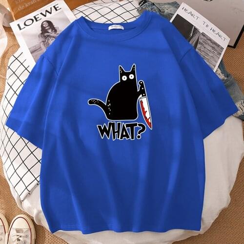 Little Black Cat Holding A Knife Printing Man T-Shirt Creativity Oversized Tshirt Vogue O-Neck T-Shirts Street Soft Mens Top